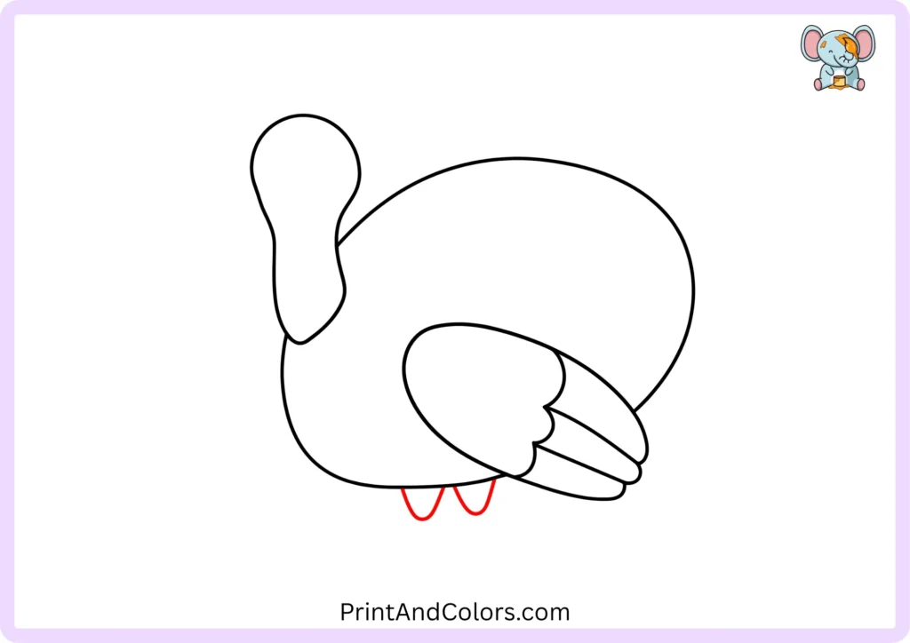 Easy turkey drawing step 5 showing two short rounded upper legs underneath the turkey's body