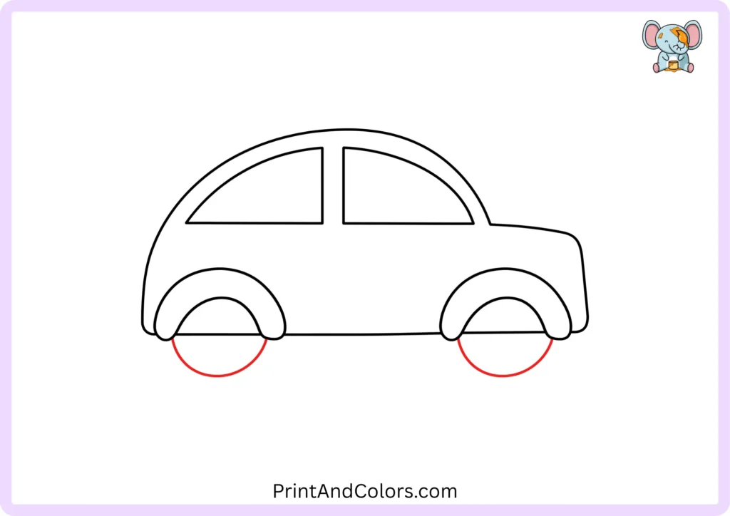 Step 5 showing two large circular wheels positioned underneath the wheel arches, with both wheels approximately the same size and aligned along the bottom of the car.