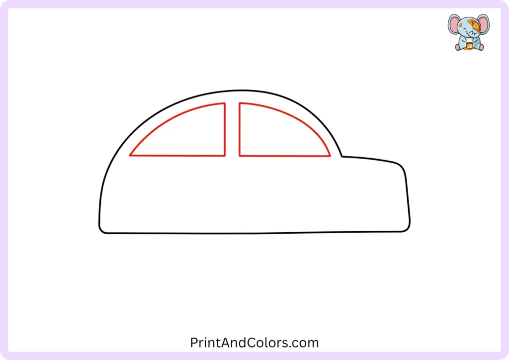 Step 3 showing two large curved car windows drawn inside the roof, with a small gap between the windows and their lower edges aligned along the car body.