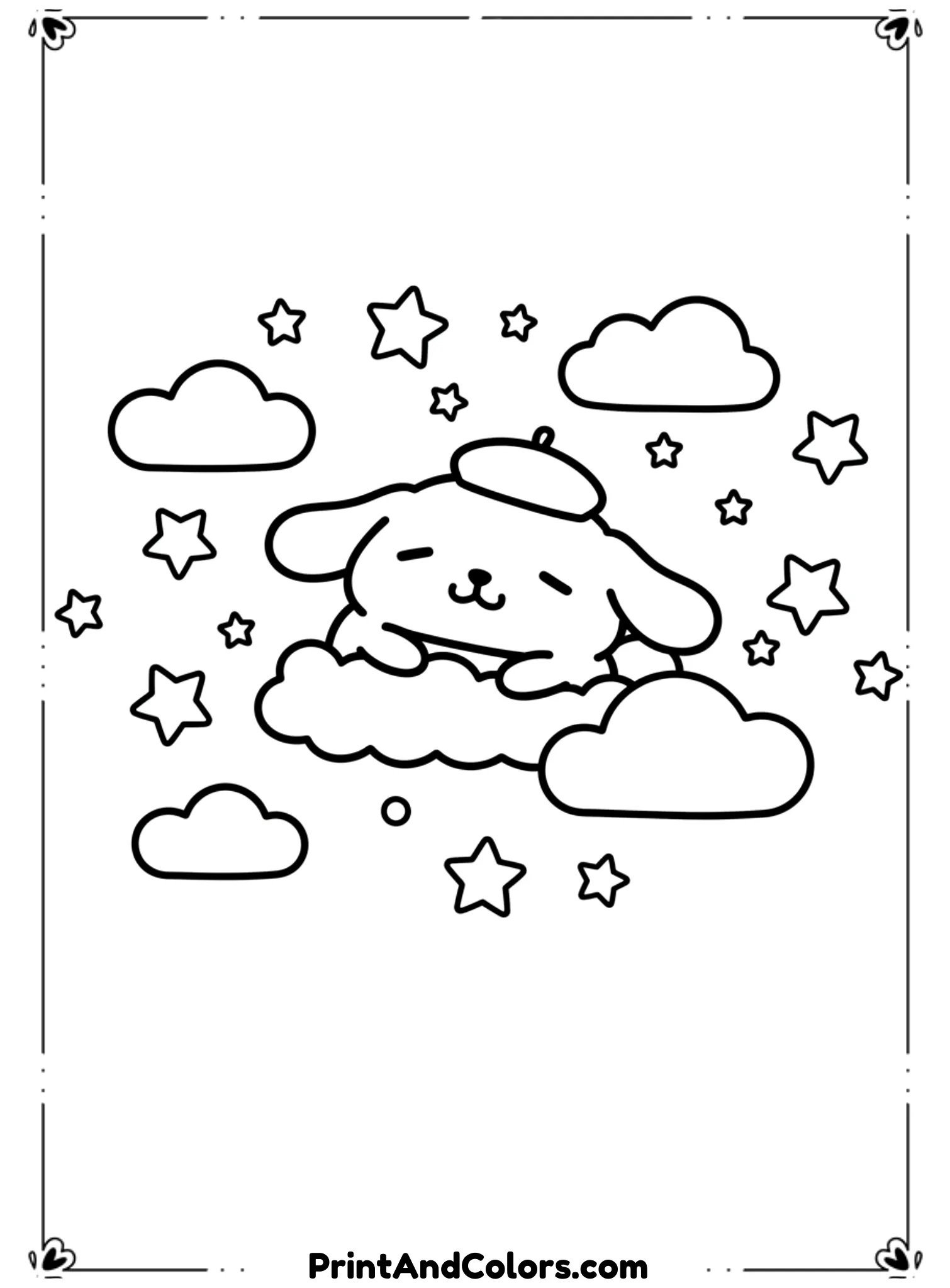 Illustrate PomPompurin dreaming while floating among stars and fluffy clouds. His face is calm and happy. Use bold black outlines and keep the dreamy elements simple.
