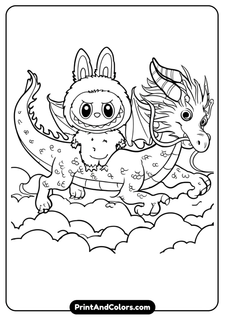 Labubu flying with a dreamy dragon through the clouds, detailed black and white fantasy-style line art for coloring.