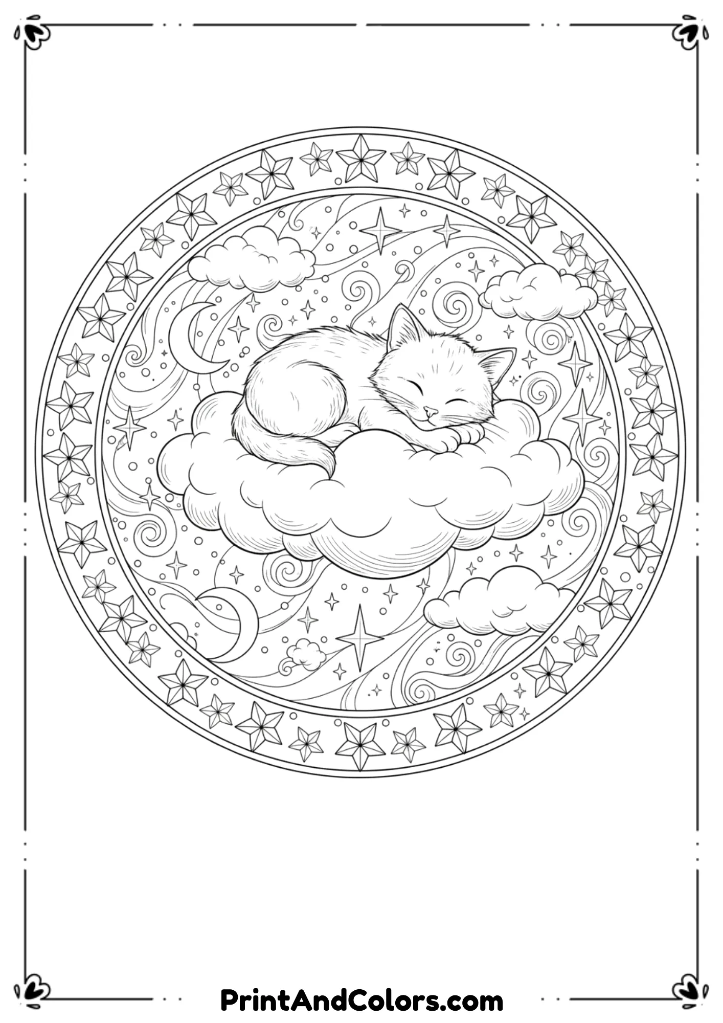  Sweet kitten resting peacefully on a fluffy cloud surrounded by stars and moon, dreamy black-and-white line art.
