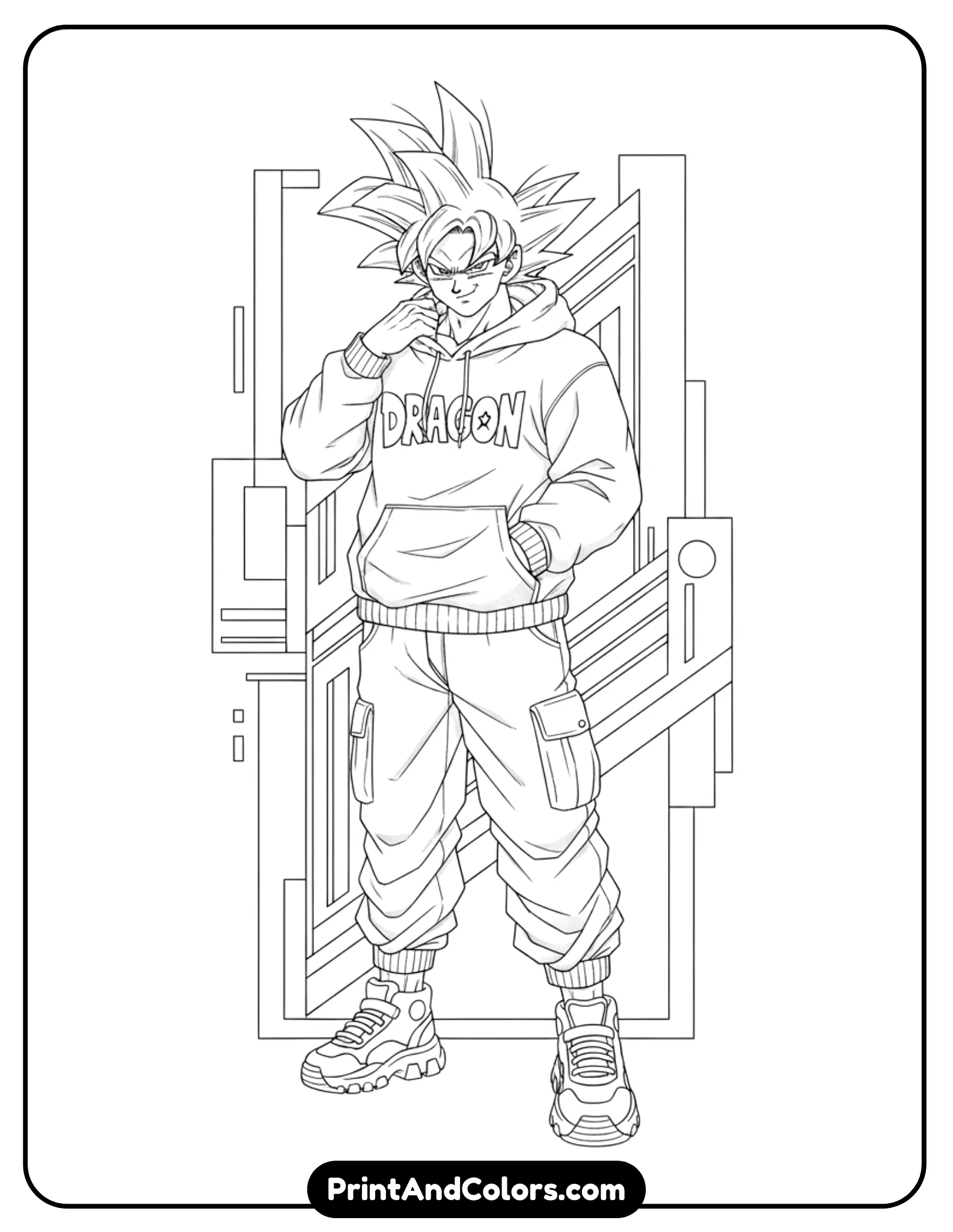 Illustrate Goku wearing modern streetwear including hoodie, sneakers, and relaxed pants while keeping his iconic hairstyle. His pose is confident and casual. Minimal urban elements like lines or shapes in the background. Black and white outline art only, clean and stylish.