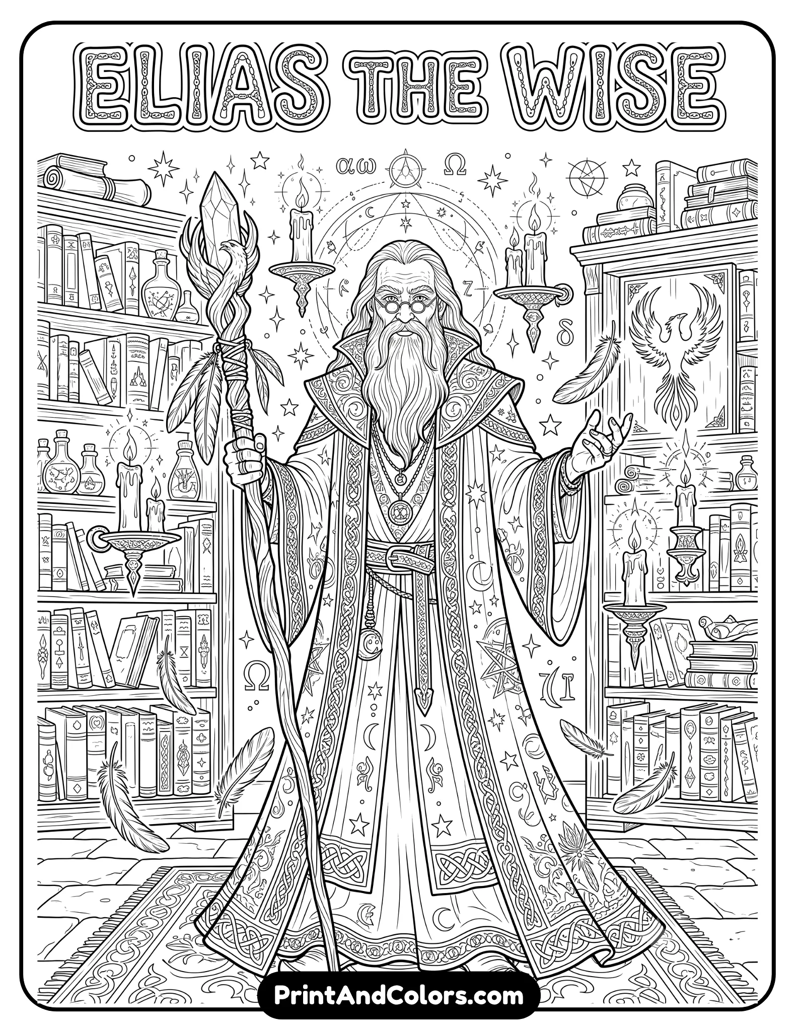 Highly detailed black and white coloring page of an elderly wizard with a long beard, glasses, and flowing robes holding an ornate magical staff. Include phoenix feathers, floating candles, stars, bookshelves, and mystical symbols around him. Elegant fantasy line art with intricate robe patterns, printable coloring sheet style
