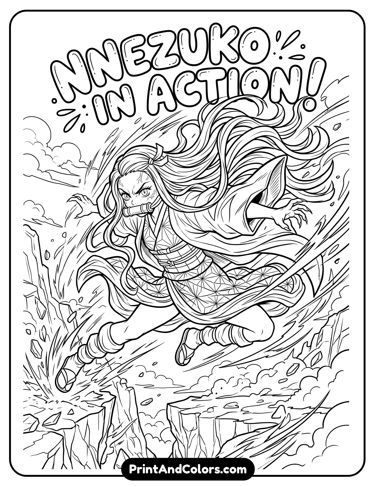 Highly dynamic Nezuko pose mid-motion, hair and clothing flowing, action lines, anime-inspired composition, no shading