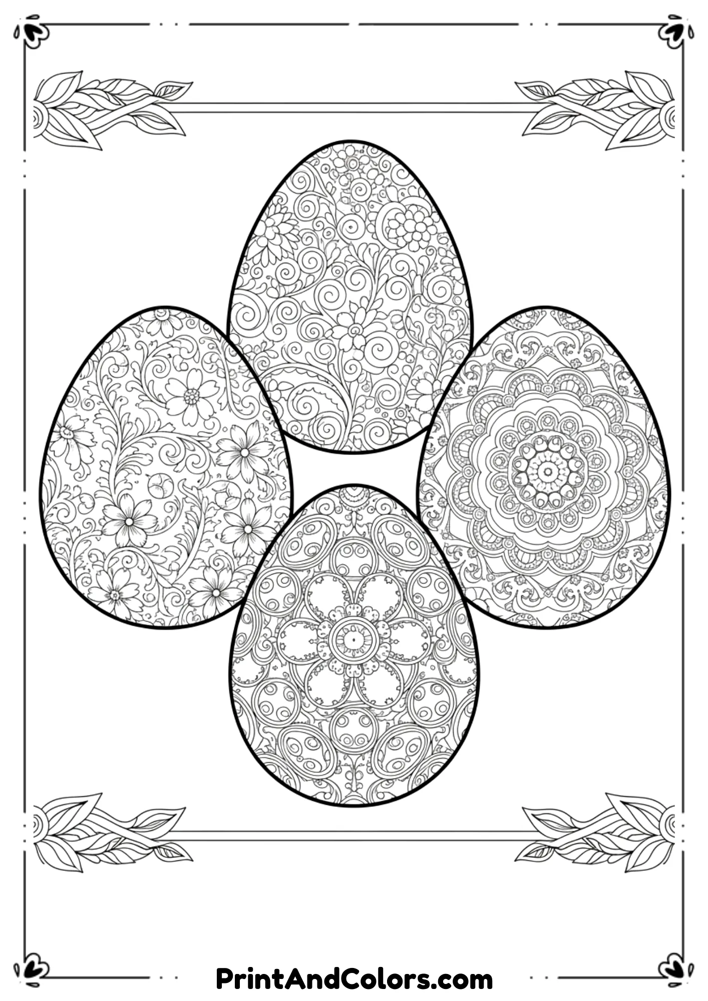 Intricate mandala-style Easter egg patterns for adults, black and white line art.

