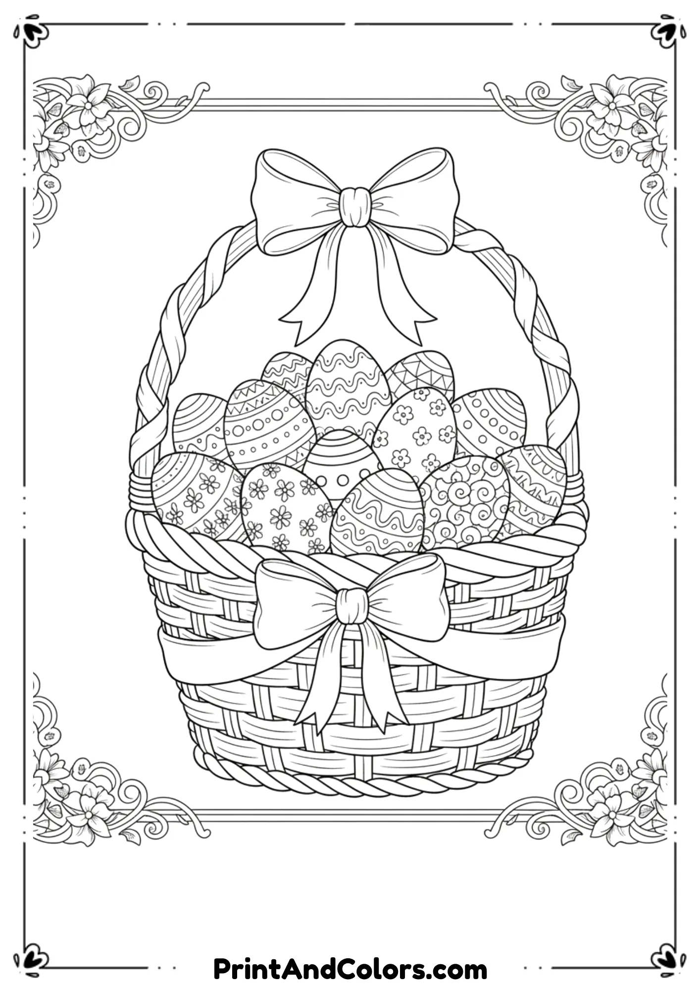 Line art of a big Easter basket full of decorated eggs and ribbons.
