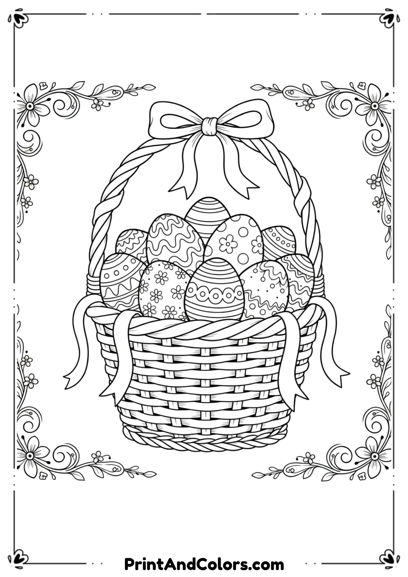 Simple line art of a woven Easter basket filled with decorated eggs and ribbons.
