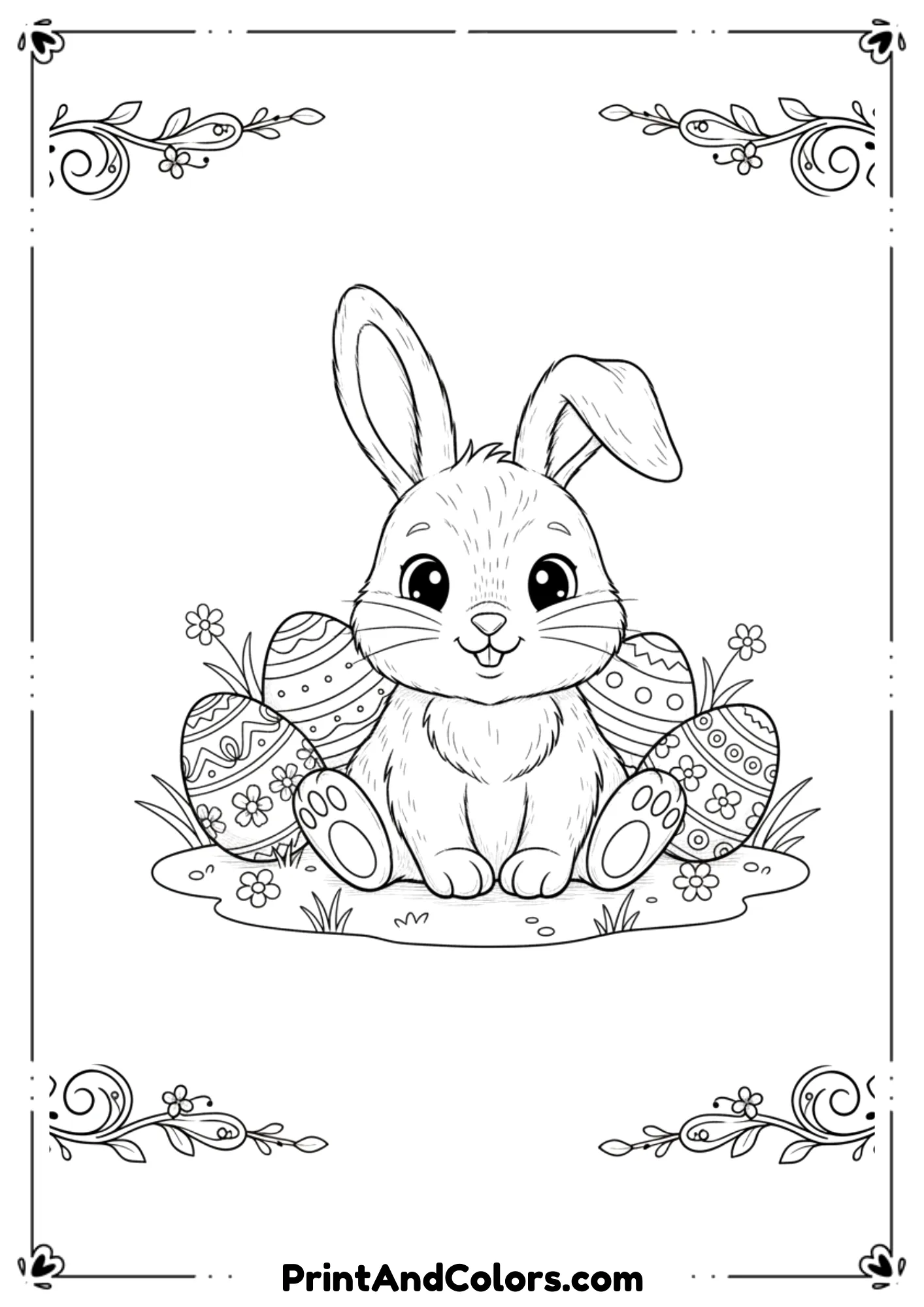 Cute black and white Easter bunny sitting on grass with eggs around.
