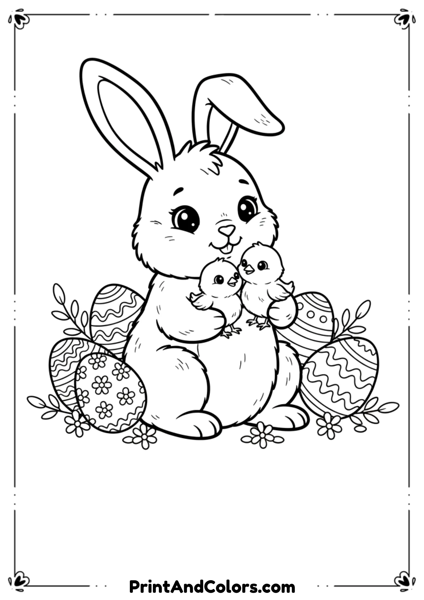  Line art of a cute bunny gently holding two baby chicks with Easter eggs nearby.