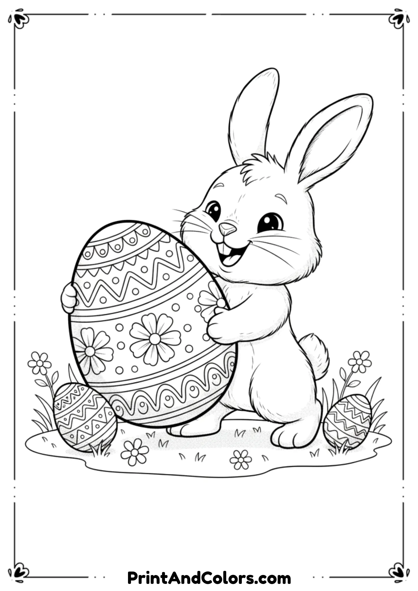 Line art of a happy Easter bunny carrying a huge decorated egg.
