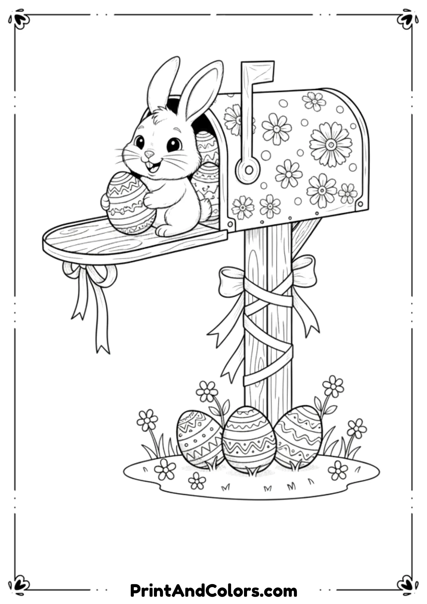 Black and white drawing of a mailbox decorated with Easter eggs and a bunny peeking out.
