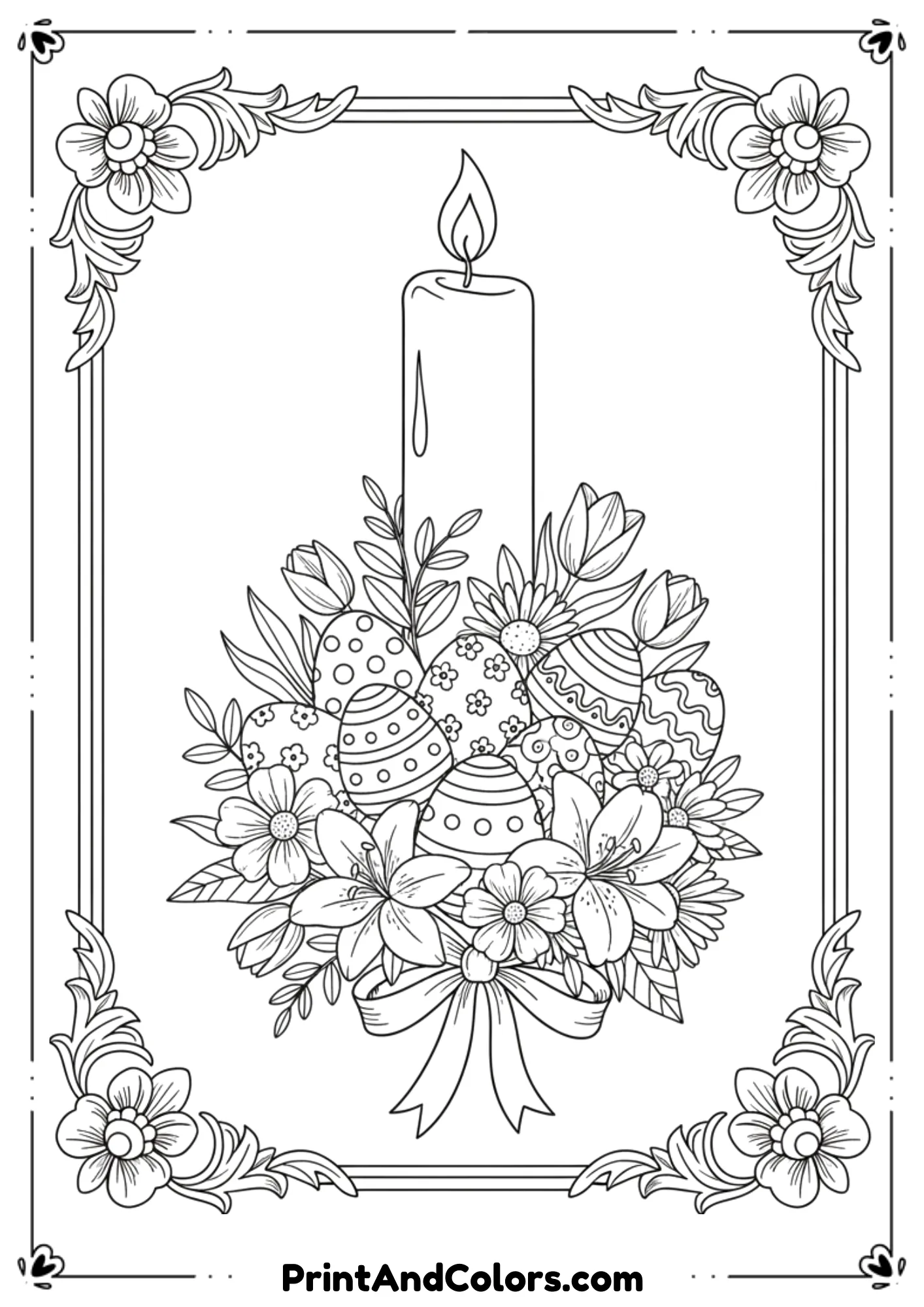 Simple line art of a large Easter candle decorated with flowers and eggs.