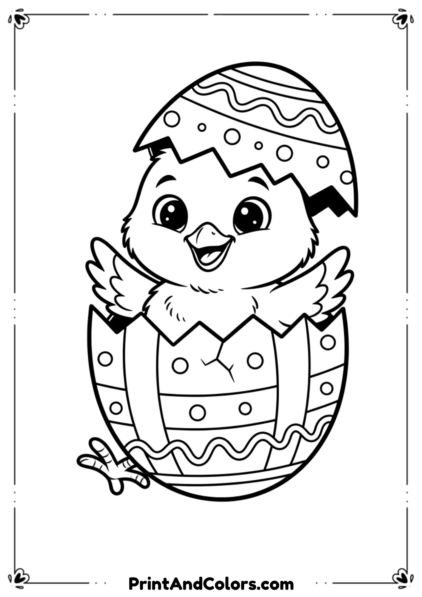 Simple black and white drawing of a baby chick hatching from an Easter egg.
