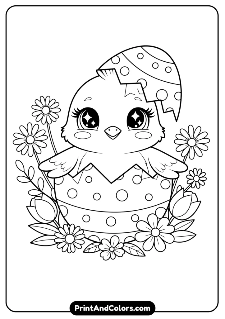 Black and white kawaii Easter chick hatching from an egg, with big sparkling eyes and flowers around.