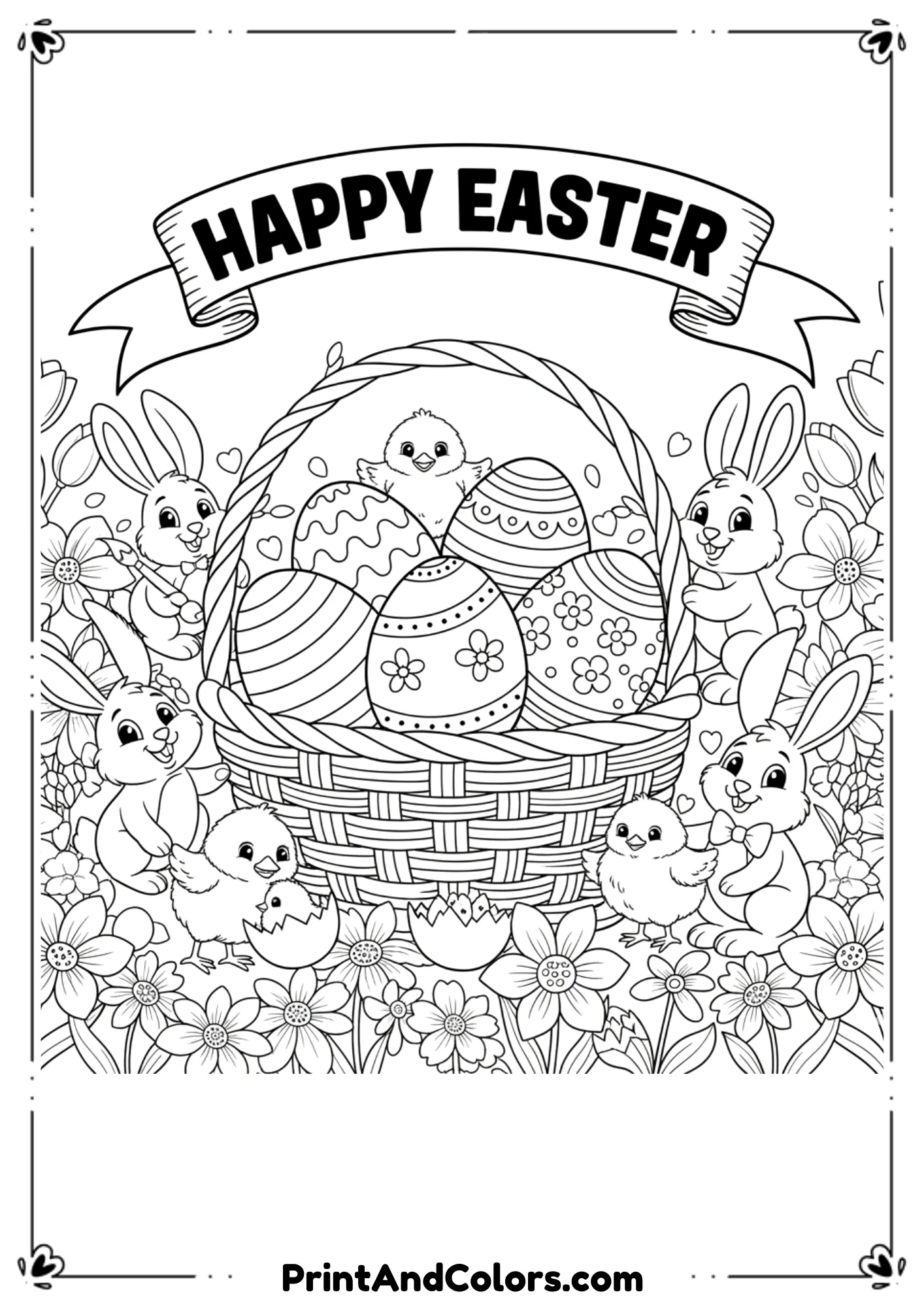  Black and white line art of an Easter scene with decorated eggs, bunnies, chicks, flowers, and a festive banner saying "Happy Easter." Designed with clear outlines for coloring.

