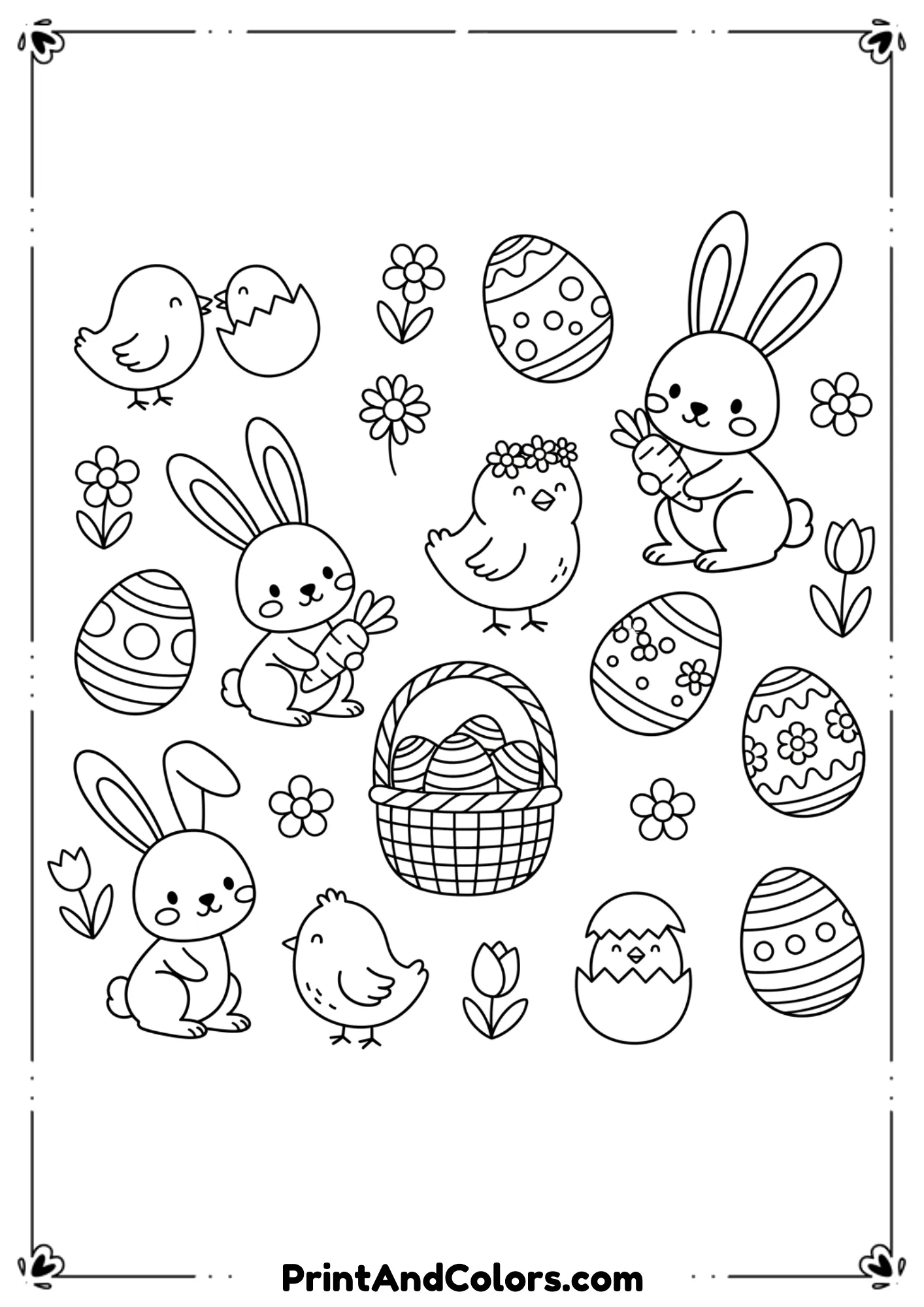 Easy black and white Easter drawings with bunnies, eggs, and chicks for children.
