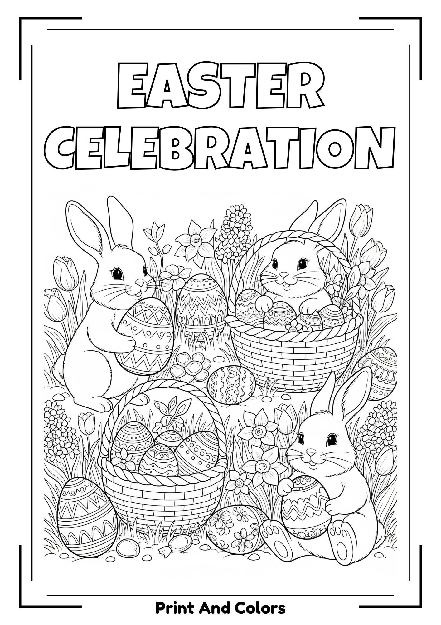 Easter coloring page with bunnies, eggs, and spring flowers in coloring book outline