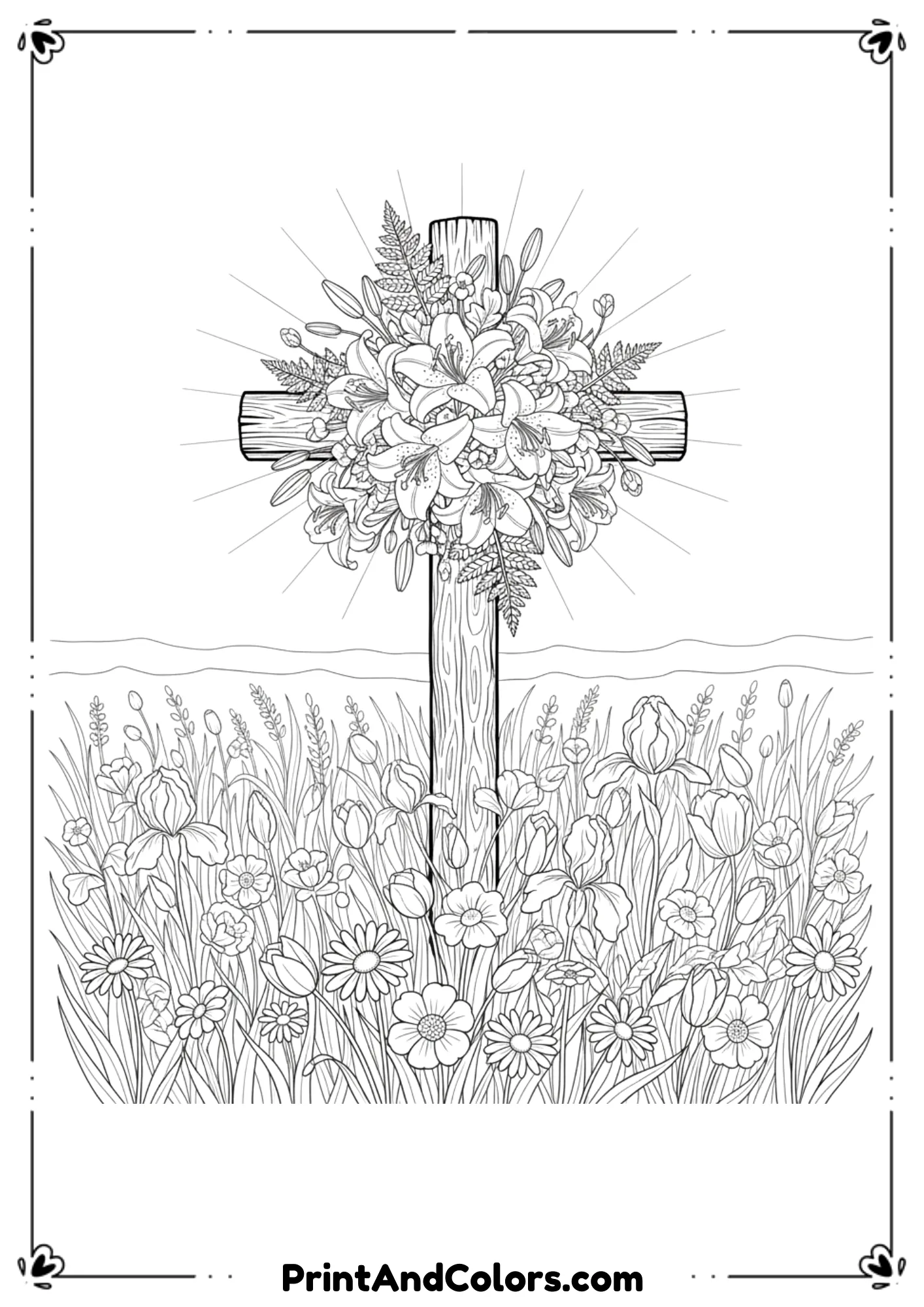 Black and white drawing of a cross standing in a flower field, decorated with lilies.