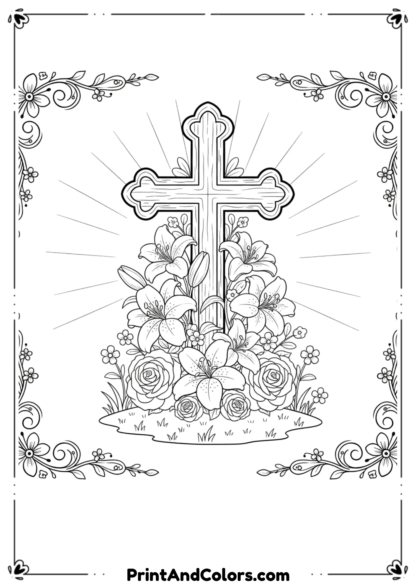  Black and white drawing of a large cross surrounded by lilies and roses.
