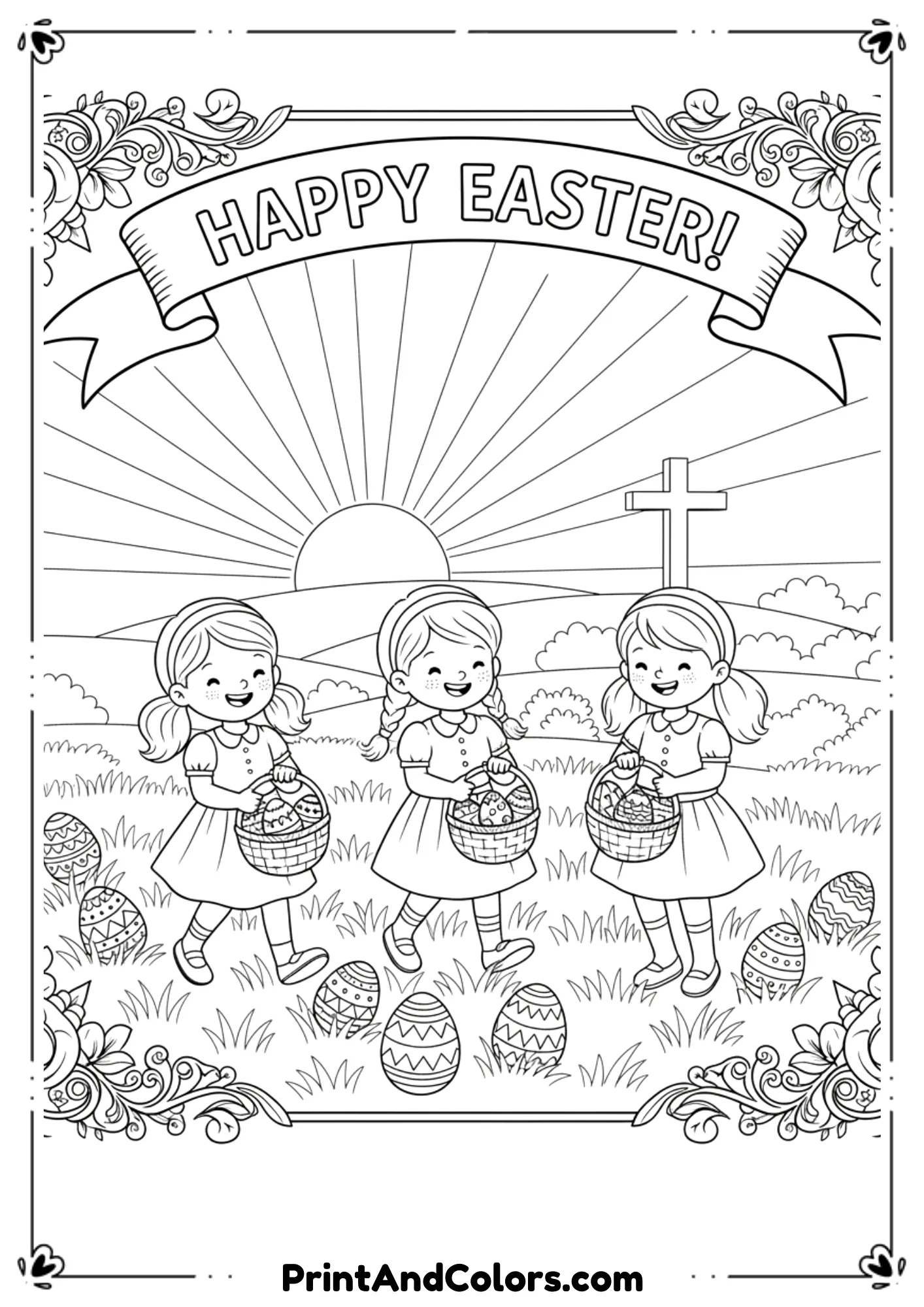 Black and white drawing of an Easter sunrise, eggs, and children holding baskets.
