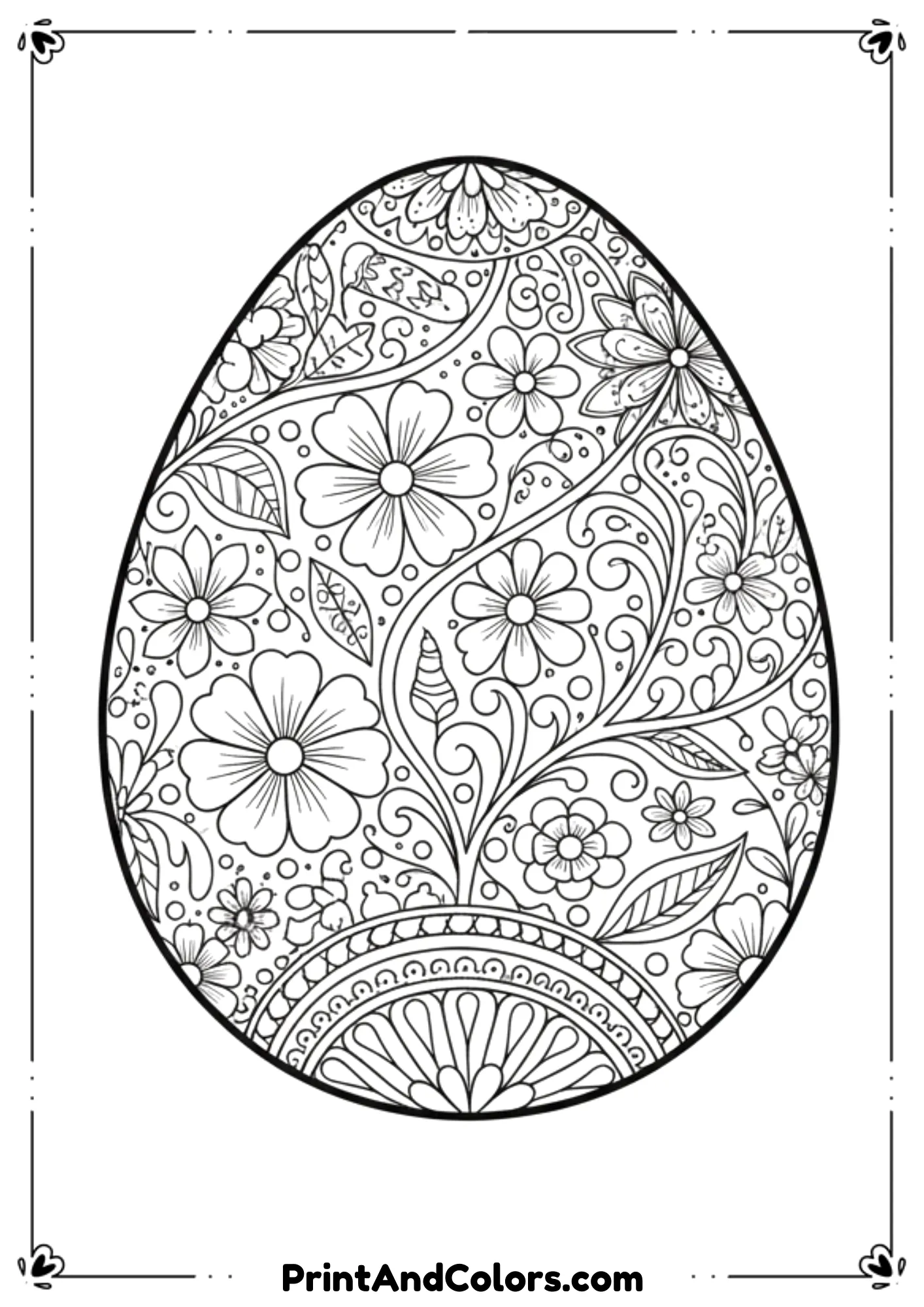  Black and white outline of a large Easter egg with decorative patterns.
