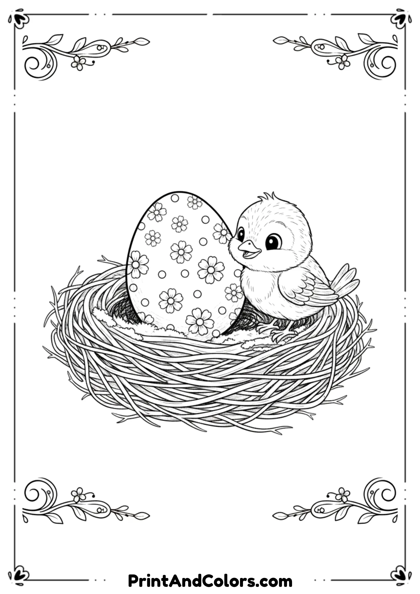 Black and white drawing of a decorated Easter egg resting inside a bird’s nest.
