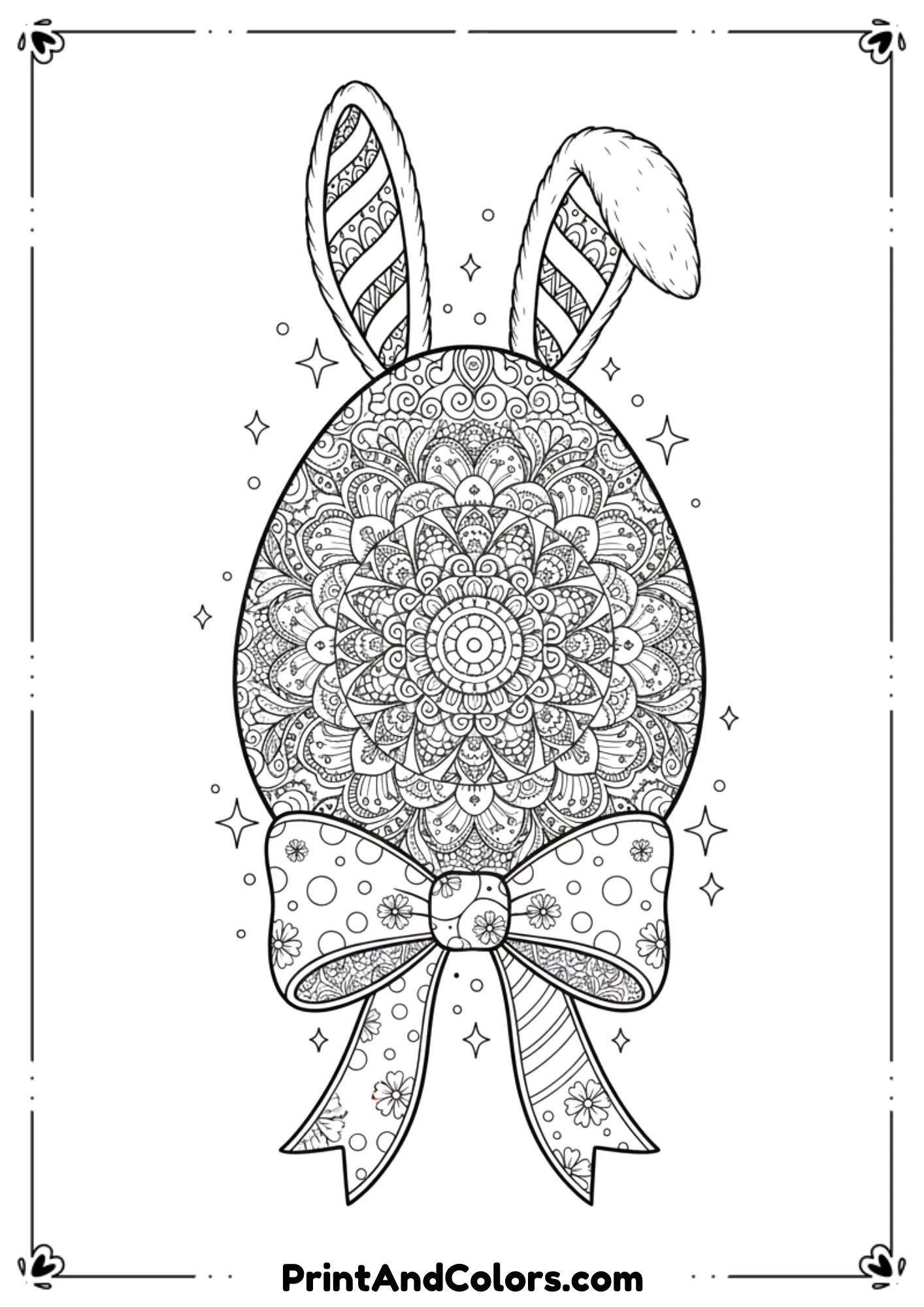 Intricate mandala Easter egg design with bunny ears on top and a bow at the bottom.
