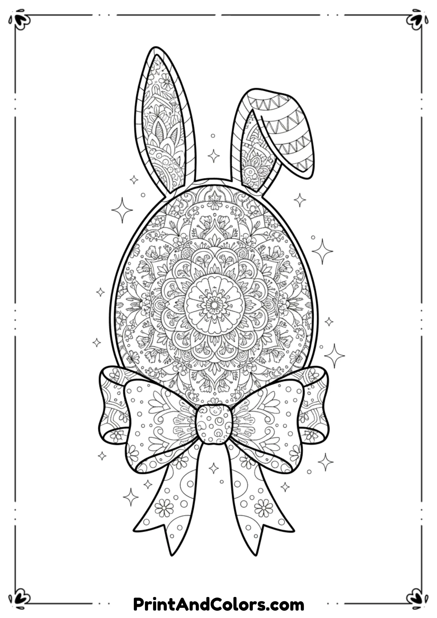 Intricate mandala-style Easter egg with bunny ears drawn in black and white.
