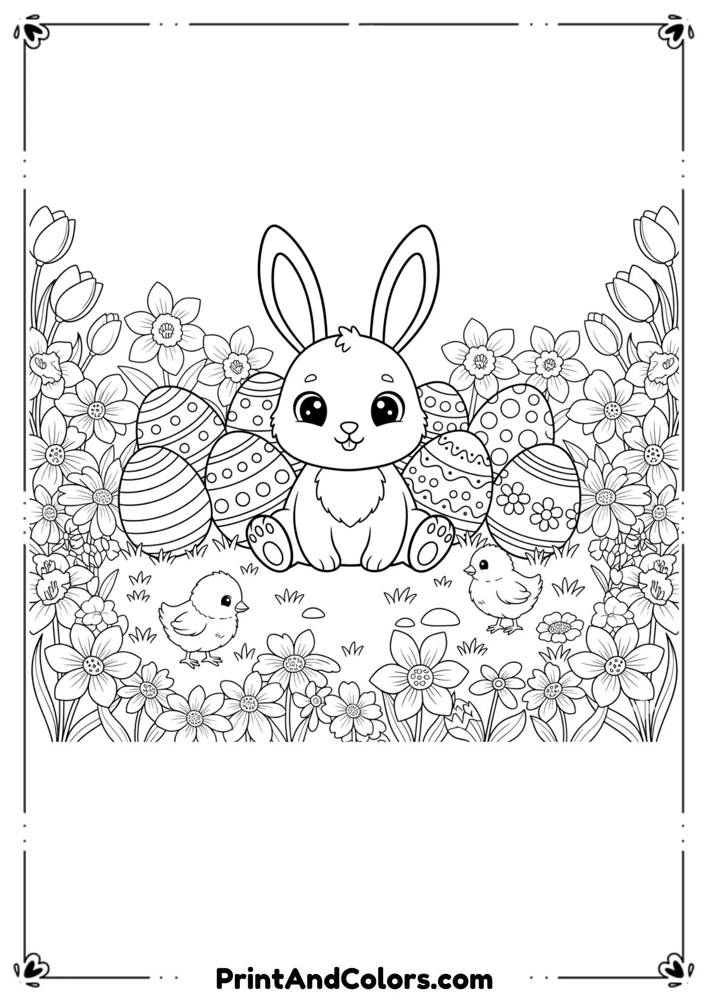  Black and white drawing of an Easter bunny sitting among decorated Easter eggs, surrounded by spring flowers.
