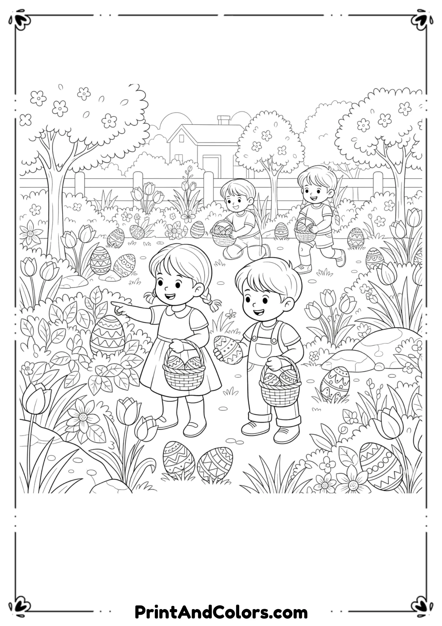 Black and white drawing of children holding Easter baskets and searching for eggs in a garden.
