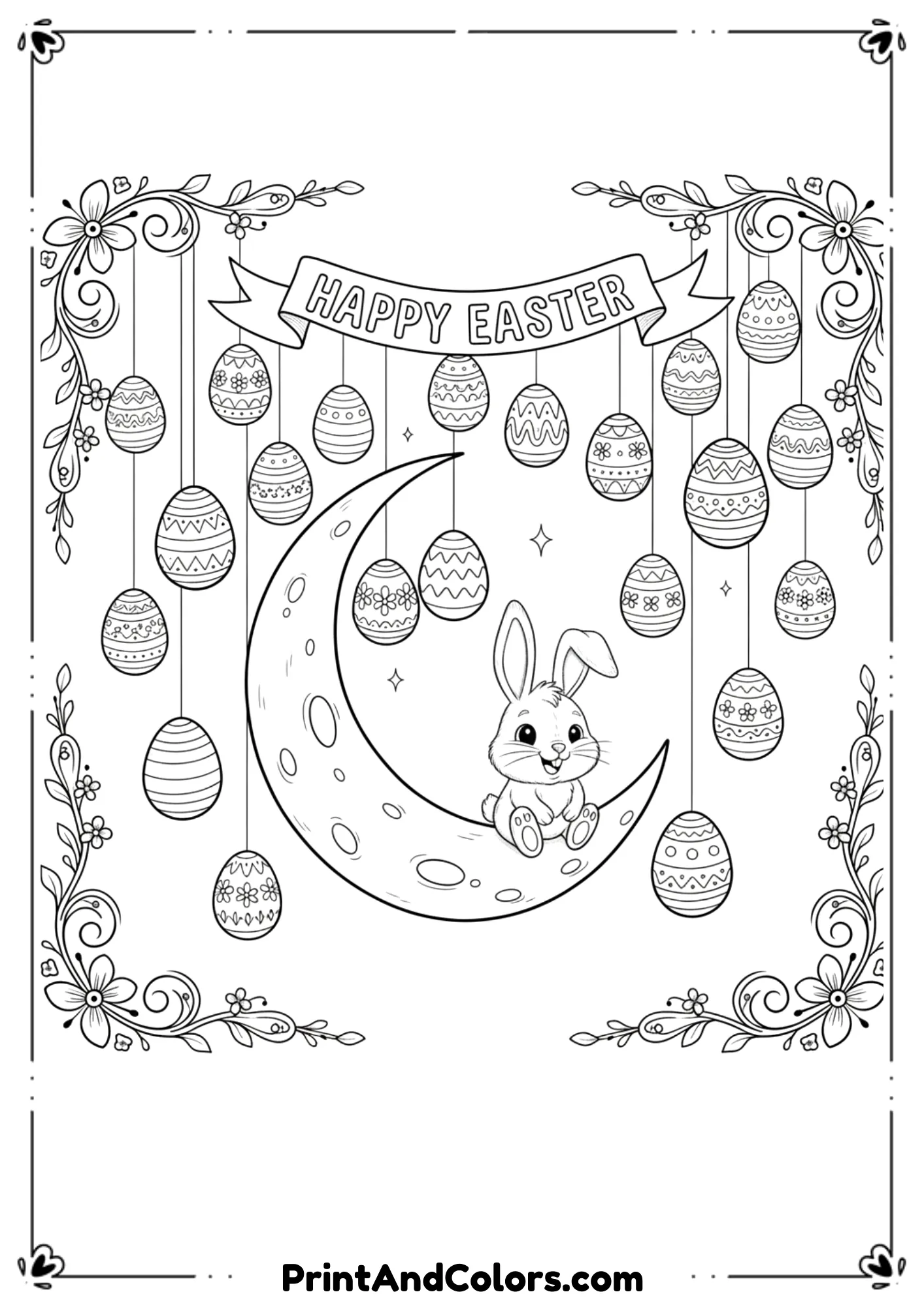 Black and white line art of a night sky with Easter eggs hanging like stars and a bunny on the moon.
