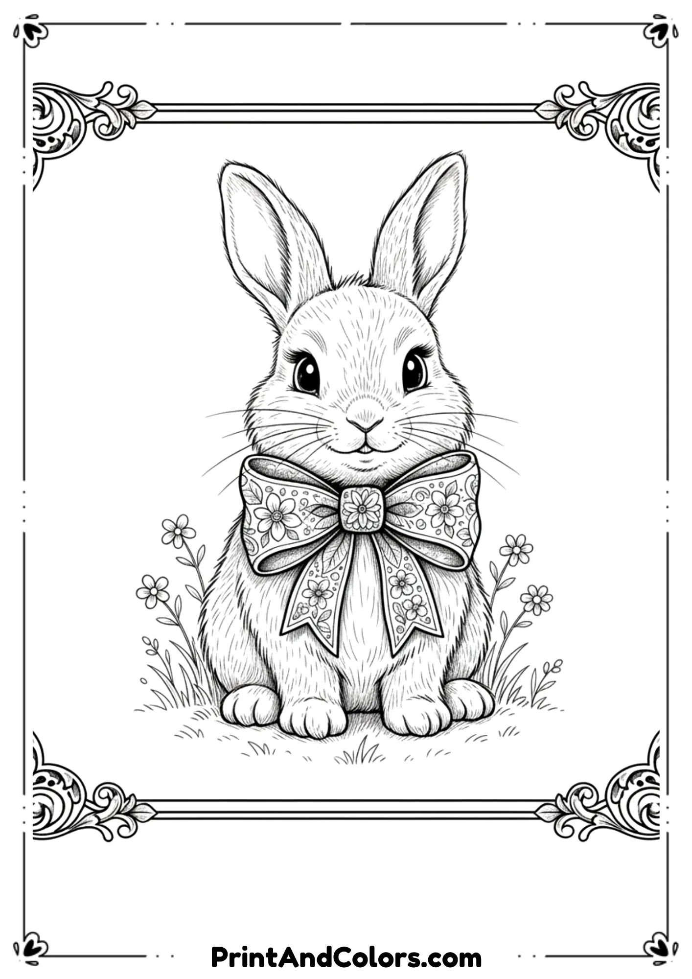 Black and white drawing of a fluffy Easter rabbit with a bow around its neck.
