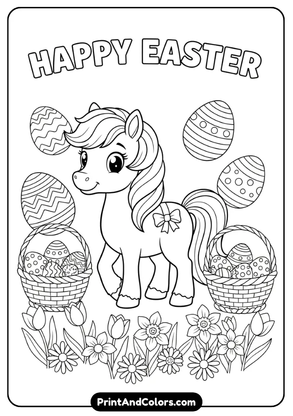 Create a black and white Easter-themed coloring sheet featuring a pony with Easter eggs, flowers, and baskets. Clean outlines, no grayscale, kid-friendly.