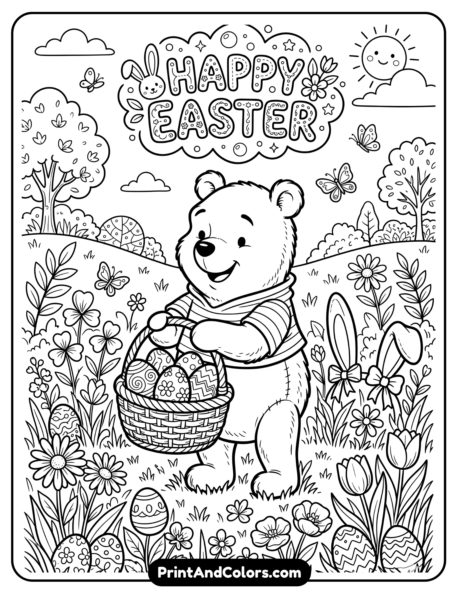 Easter themed black and white coloring page showing Winnie the Pooh holding a basket filled with decorated Easter eggs, bunny ears nearby, flowers and grass around, cute cartoon line art for kids coloring pages.