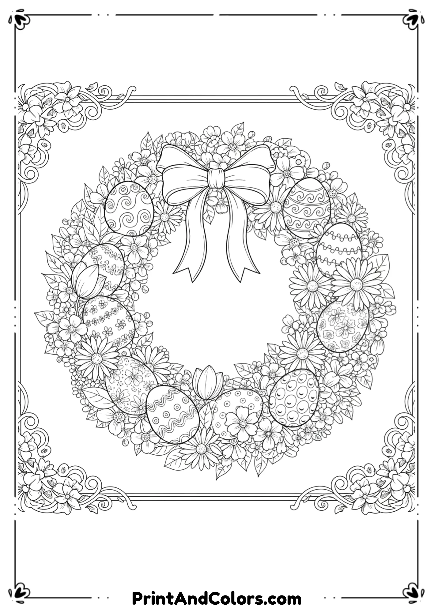 Line art of a round Easter wreath decorated with eggs, flowers, and ribbons.

