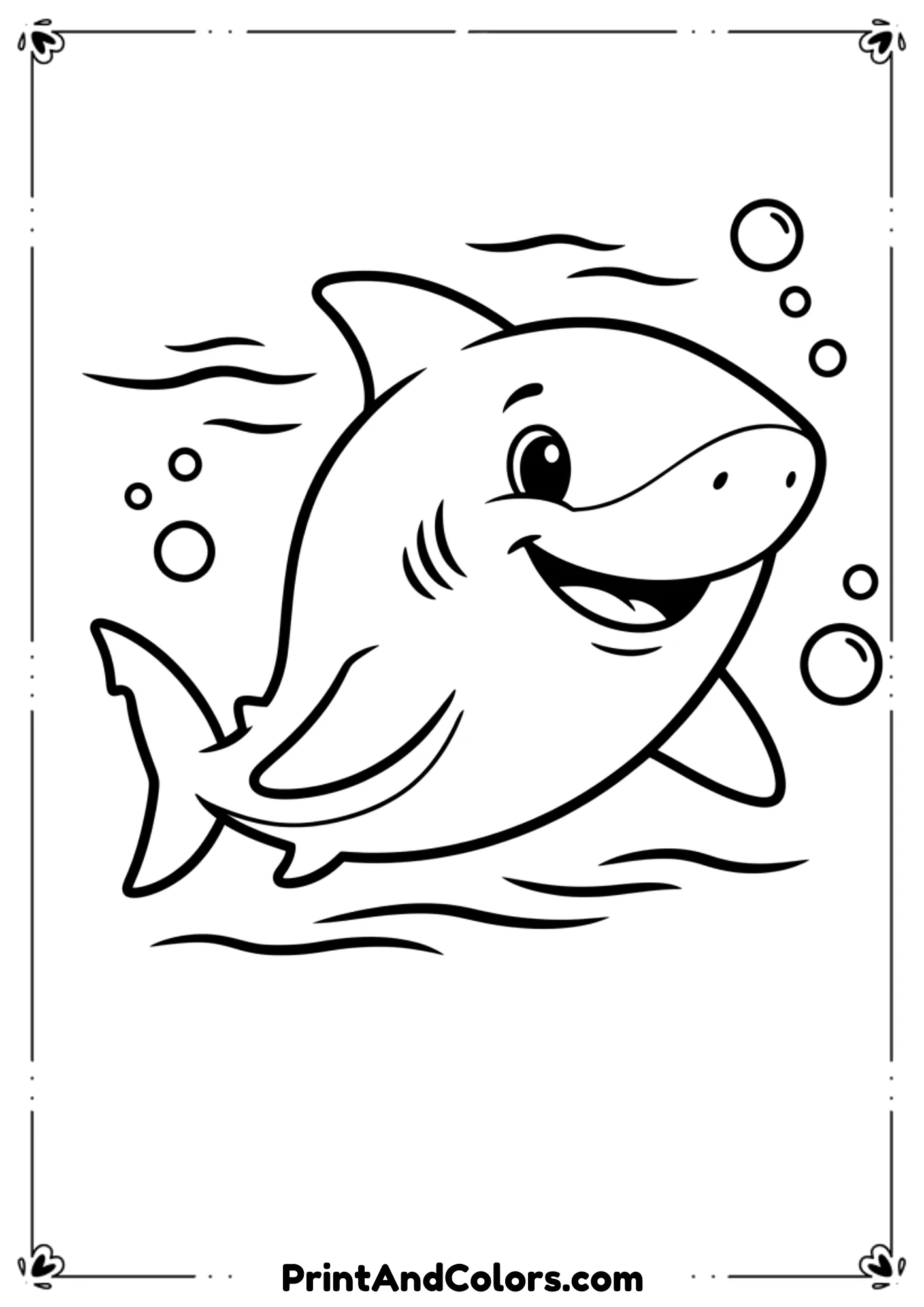 Draw a bold, easy shark outline with soft curves, smiling expression, and simple fins. Add minimal waves and a few bubbles. Thick lines, beginner-friendly black and white coloring page.