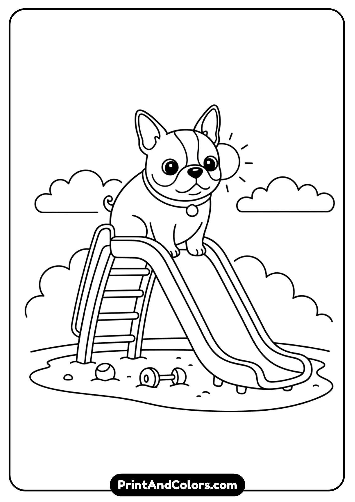 Black and white outline of a Boston Terrier puppy sitting on a playground slide. Simple clean lines for kids’ coloring pages