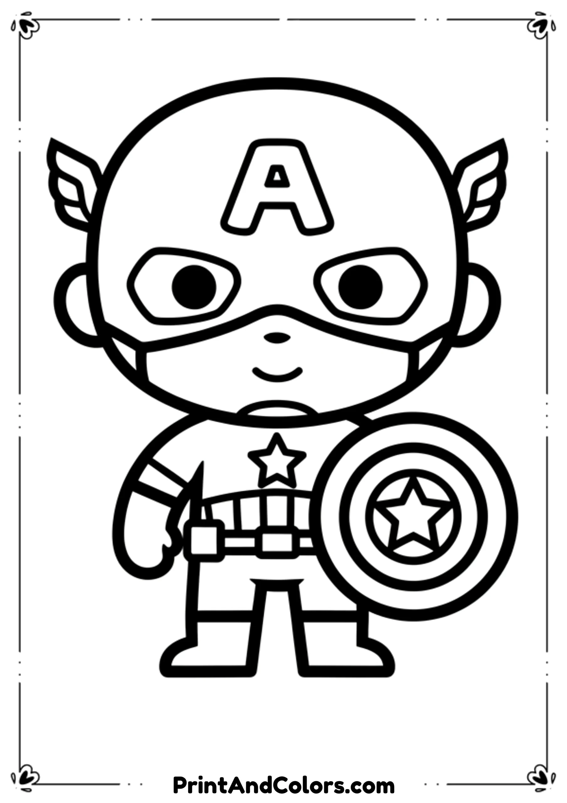 Simplified cartoon line art of Captain America, bold lines, minimal details, easy for young kids to color.
