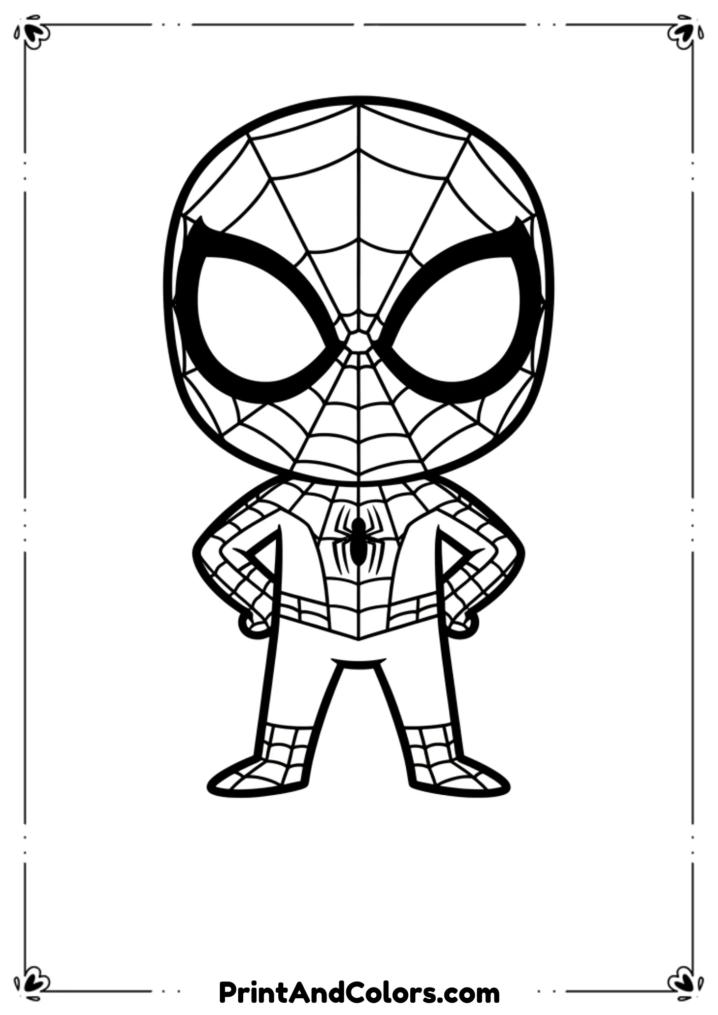 Cute cartoon Spider-Man standing with hands on hips, simple bold outlines for easy coloring.
