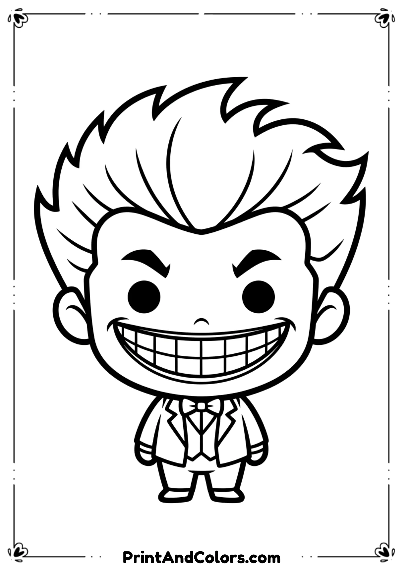 Cute chibi Joker cartoon with oversized head, wide smile, simple black and white outline for kids.
