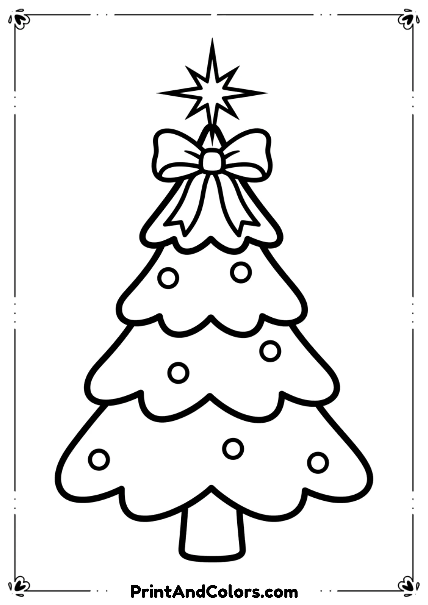 Simple outline of a Christmas tree topped with a big bow and a sparkling star at the top. Minimal ornaments, thick bold lines for easy coloring. Clean centered layout.
