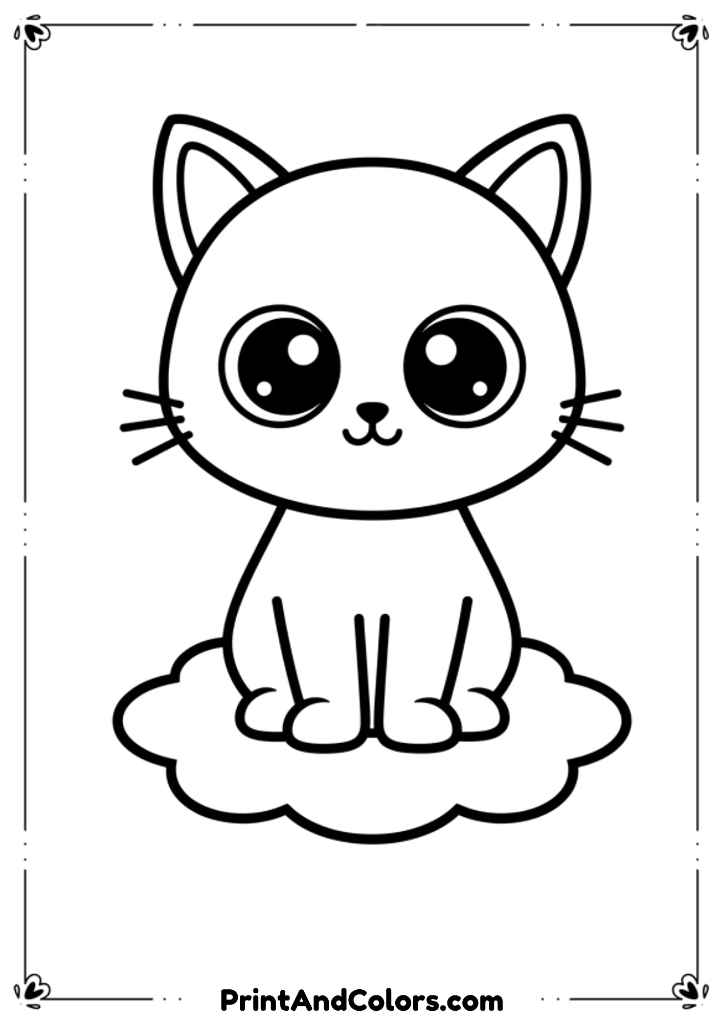 Simplified version of kitten outline with big round eyes and short whiskers, ideal for preschool coloring.
