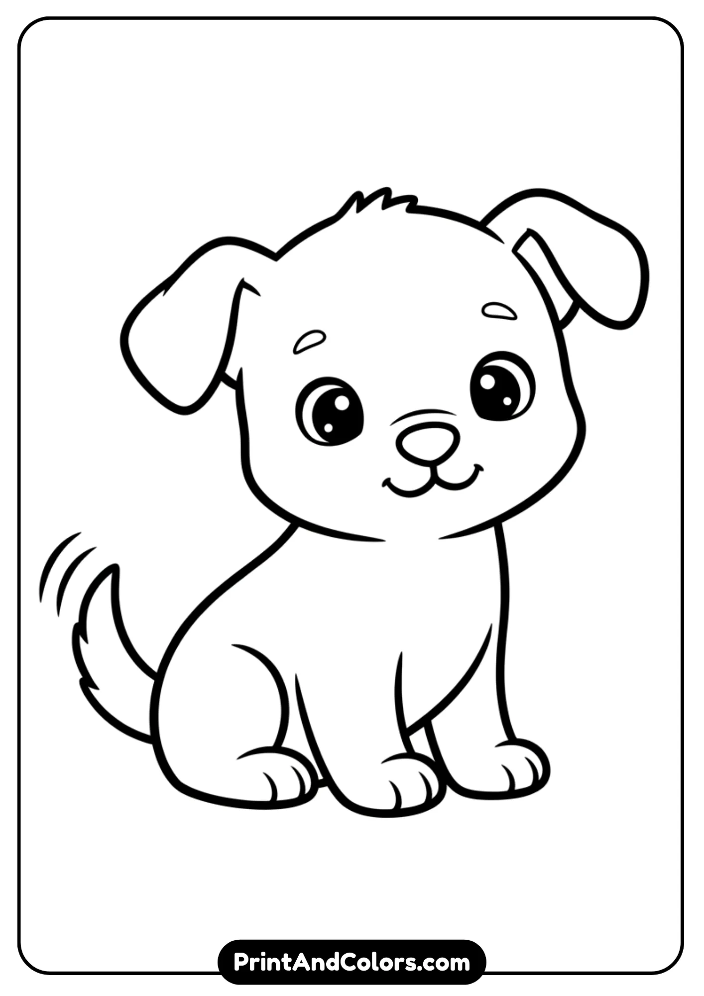 Simple black and white outline of a cute puppy sitting with a wagging tail. Clean, bold lines, very easy for children to color