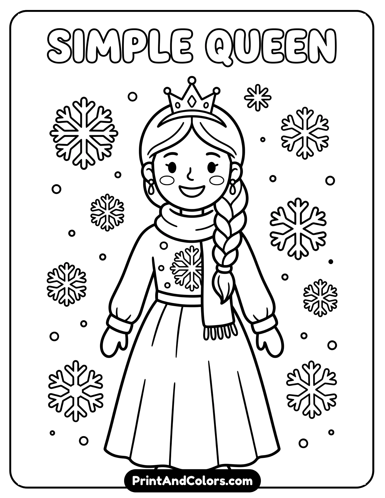 Simple easy Elsa coloring page for kids, smiling Elsa with basic winter dress and braid hairstyle, large easy-to-color sections, cute snowflakes around her, minimal background, bold thick outlines, printable black and white coloring sheet designed for young children and preschoolers