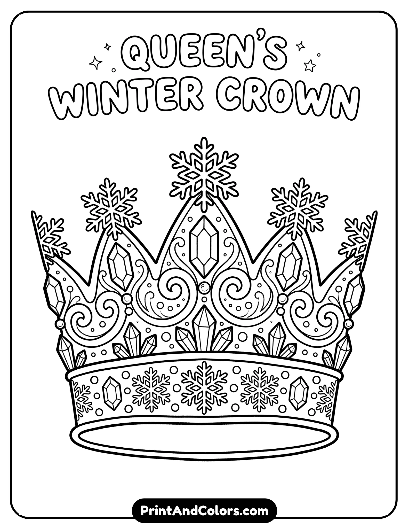 Black and white coloring page featuring a simple Elsa-inspired royal crown with snowflake jewels, icy crystal shapes, elegant curved details, and decorative winter patterns, centered on a clean white background, thick bold outlines for kids, printable coloring sheet with easy-to-color sections