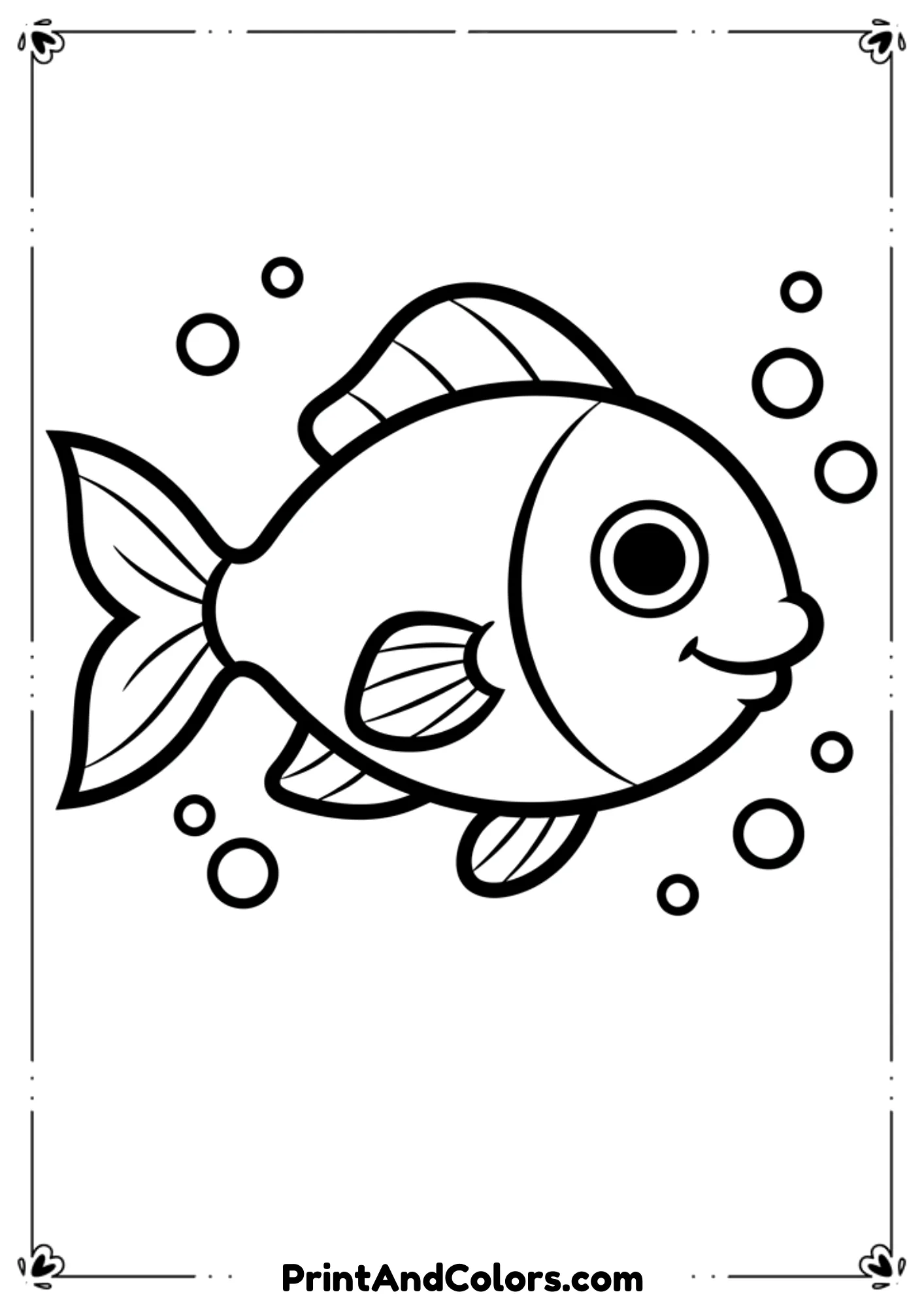 Very simple fish outline with basic fins, round eyes, and small bubbles. Thick bold lines for toddlers or preschoolers.