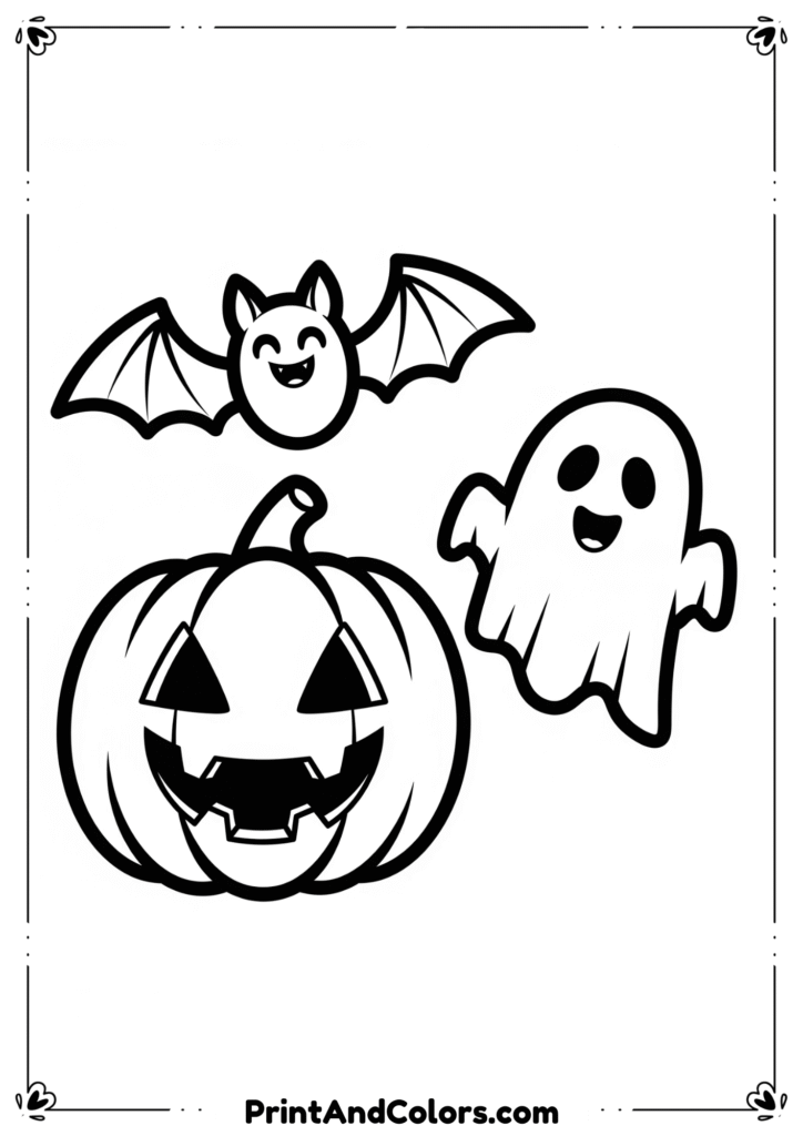 Simple cartoon-style Halloween images like smiling pumpkin, bat, and ghost in bold line art.