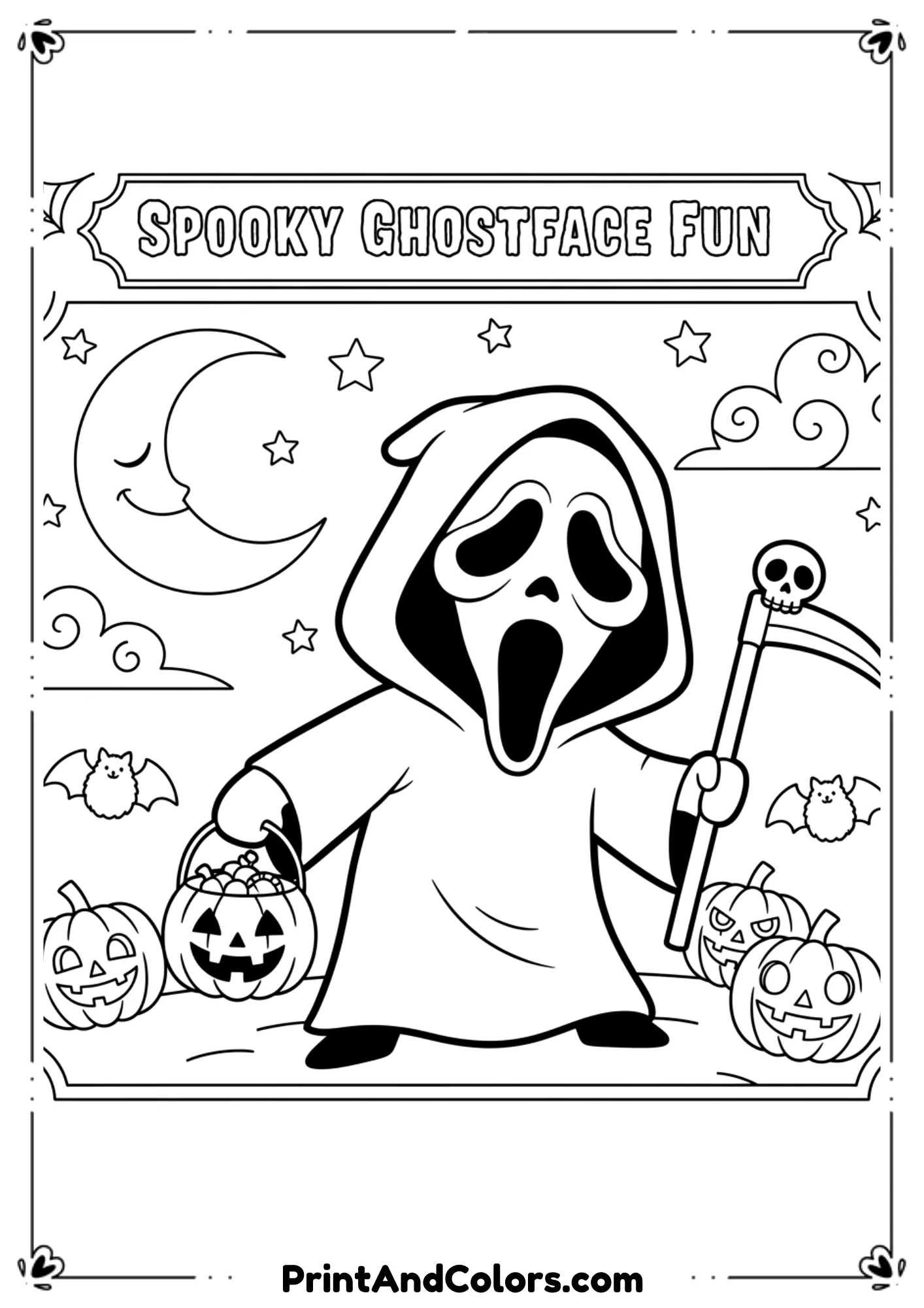 Simplified Ghostface mask with pumpkin background, outlined in bold black-and-white for easy coloring.
