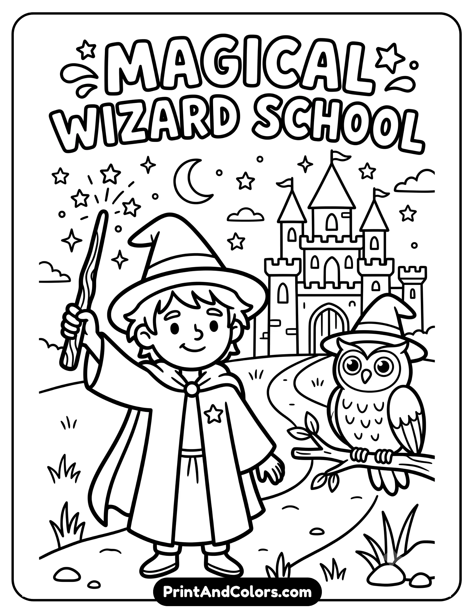 Simple black and white coloring page inspired by a magical wizard school theme featuring a young wizard with wand, owl, stars, and castle outline. Use bold thick outlines and minimal details suitable for children and beginners. Printable easy coloring sheet style